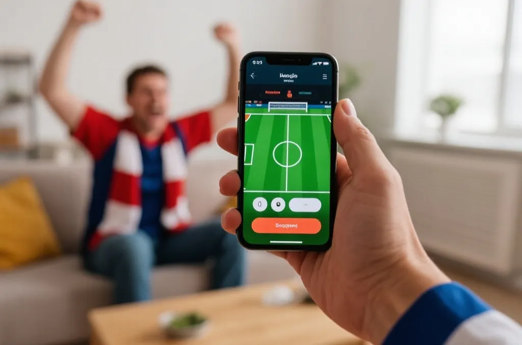 Sports fan cheering in living room holding smartphone showing soccer game UI