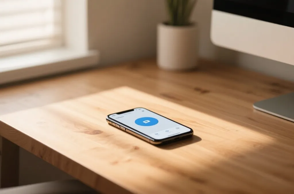 A modern smartphone on a desk showing an app running smoothly, productivity vibe